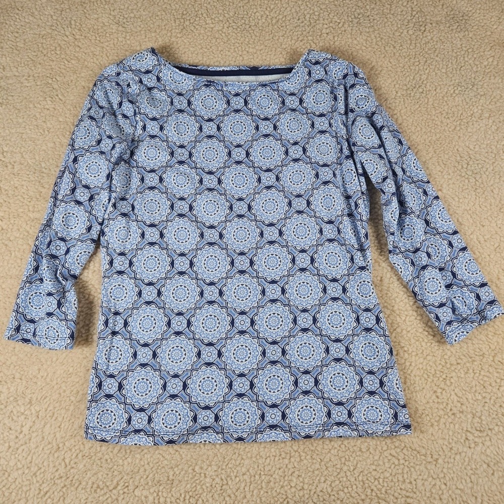 Talbots Knit Top Women Small Blue Medallion Print 3/4 Sleeve Boat Neck Preppy - Picture 5 of 12